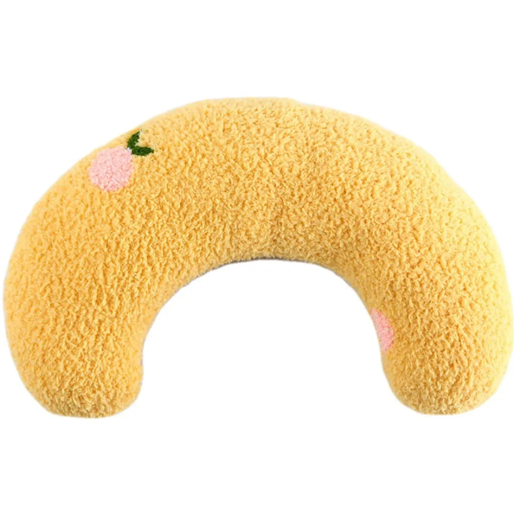 A blue U-shaped plush pet pillow for a cat or small dog on a white background.