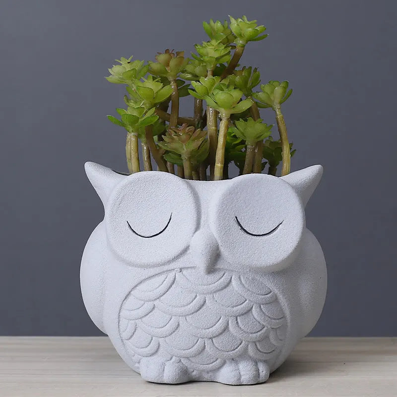 Ceramic succulent flower pot with frosted cartoon owl design measuring 11cm high by 9cm wide