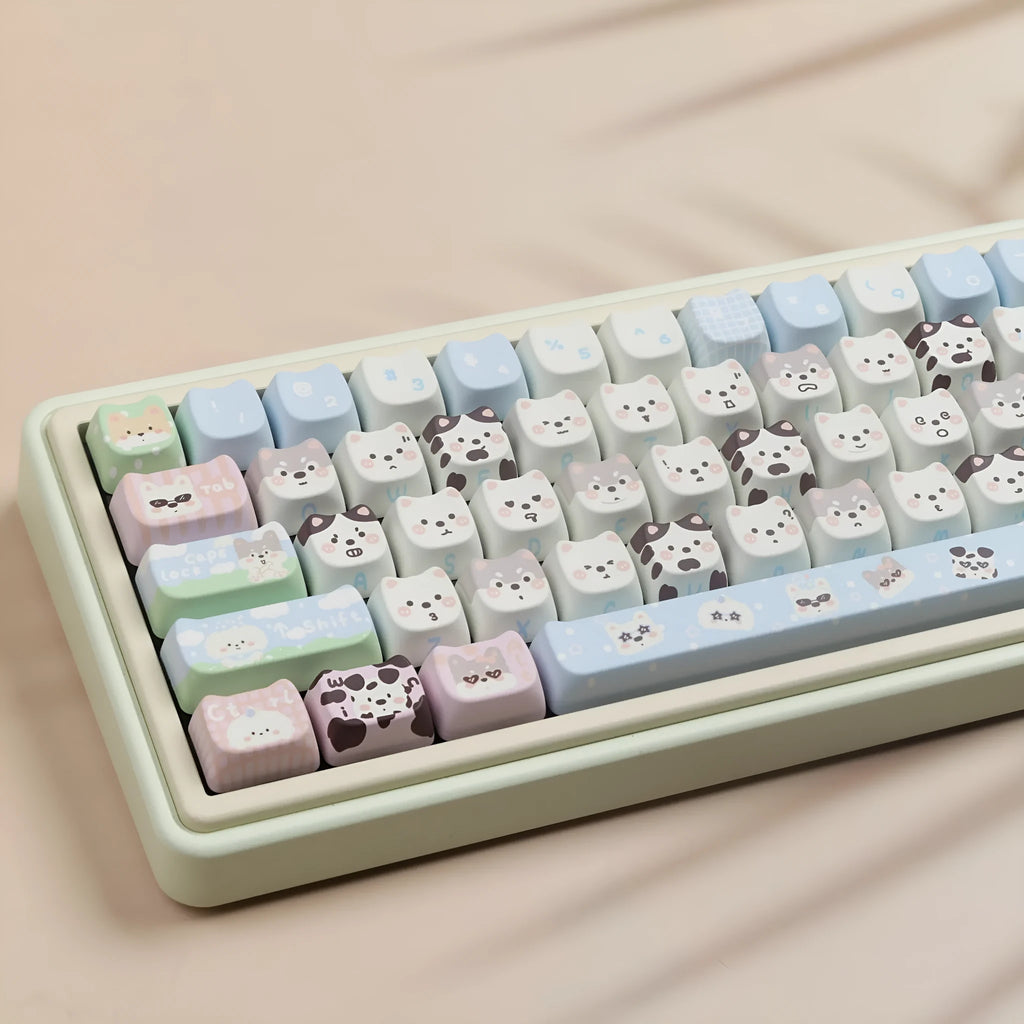 Cat and puppy themed PBT key cap set for mechanical keyboards with colourful sublimation designs