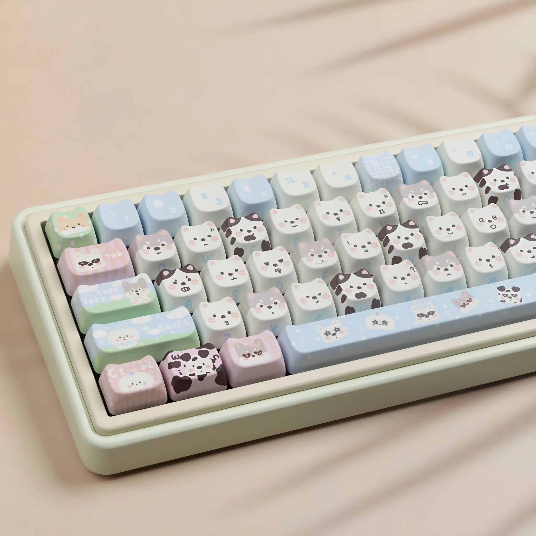 Cat and puppy themed PBT key cap set for mechanical keyboards with colourful sublimation designs