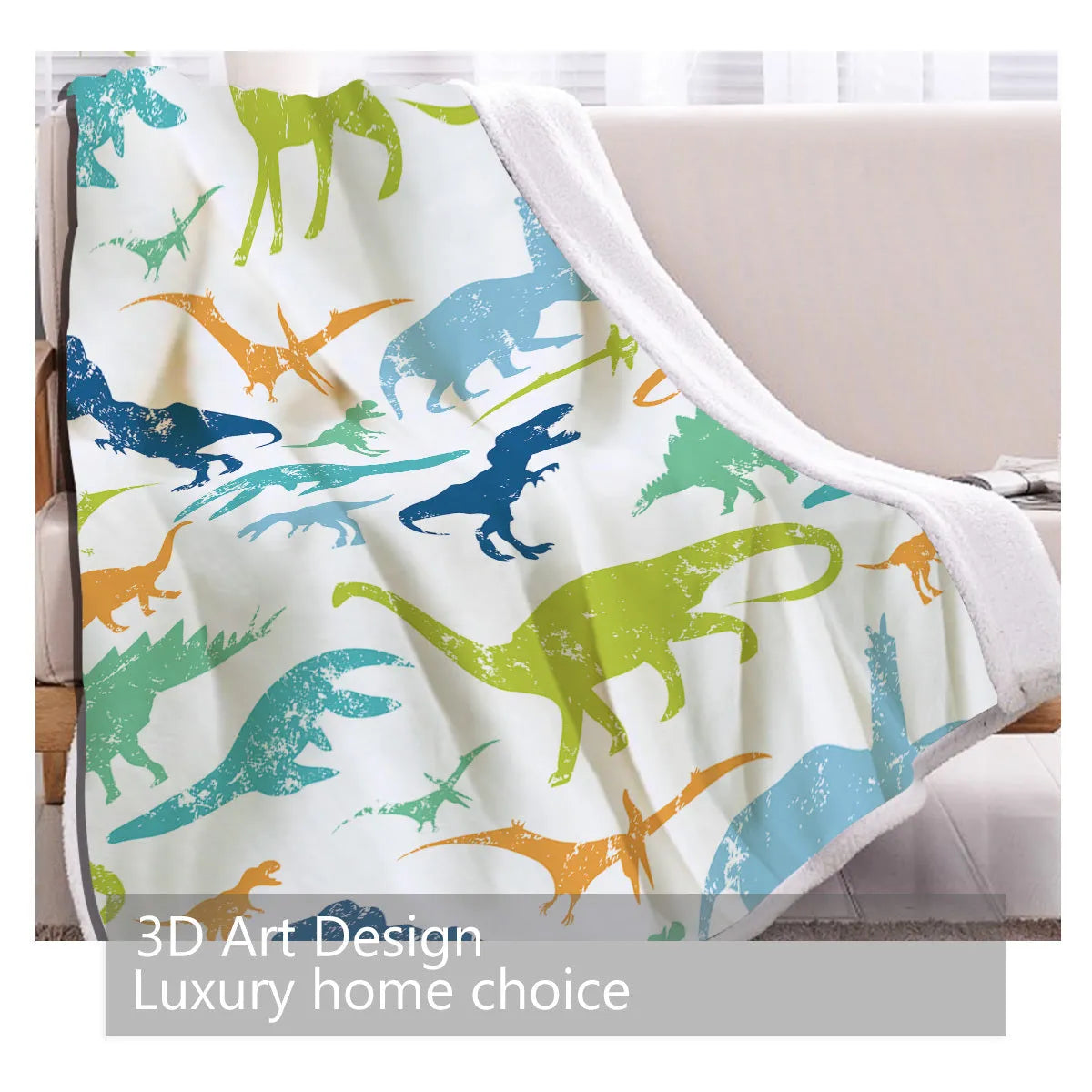 Dinosaur themed lamb wool blanket in white on a sofa, measuring 130x150cm or 150x200cm
