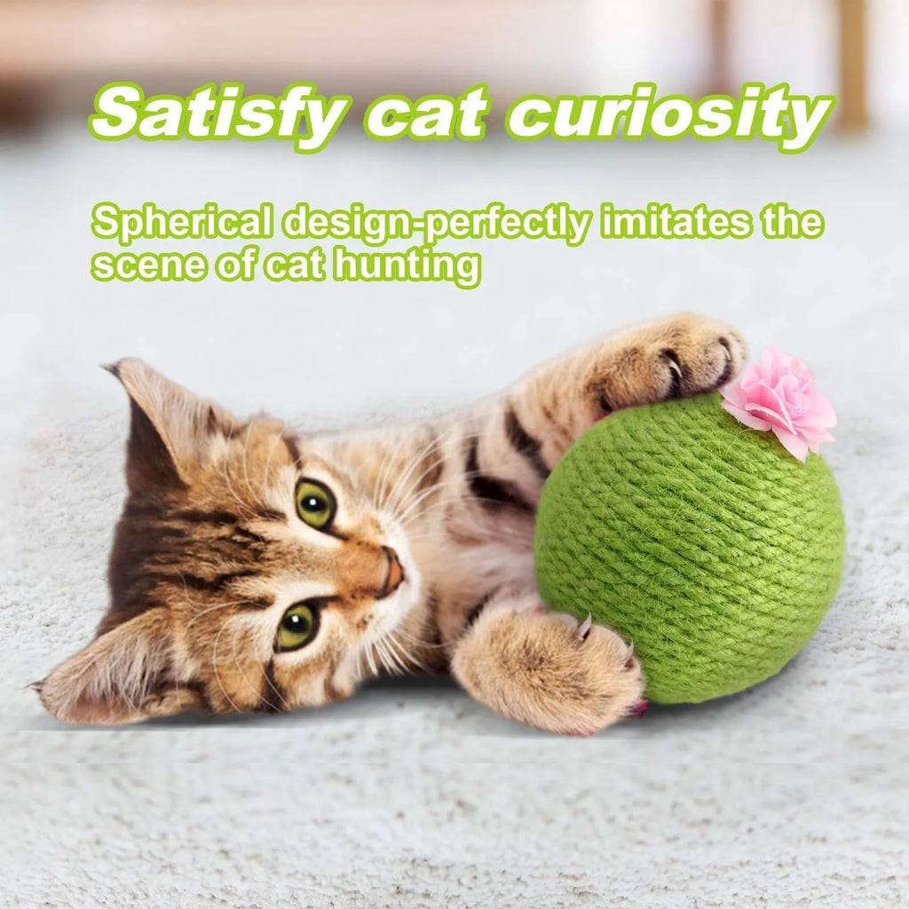 Green cactus-shaped cat toy with a sisal scratching post and a rocking tumbler ball on a weighted base.
