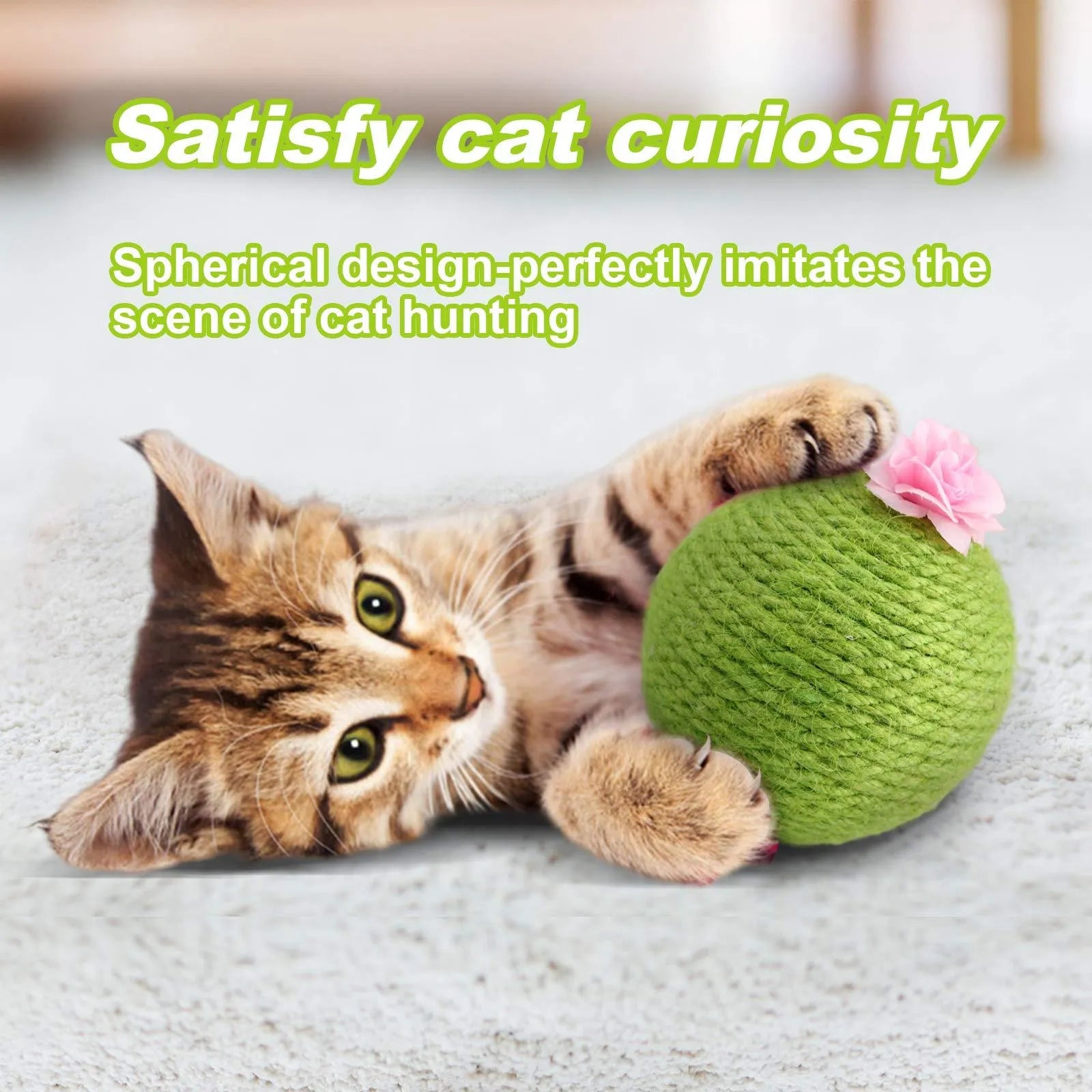 Green cactus-shaped cat toy with a sisal scratching post and a rocking tumbler ball on a weighted base.