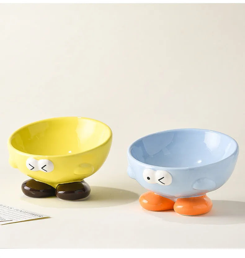 Blue oblique tall ceramic bowl for cat or dog food, designed for cervical spine support.