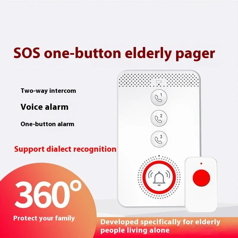 White voice emergency alert buzzer unit with three wireless call buttons for elderly home safety.