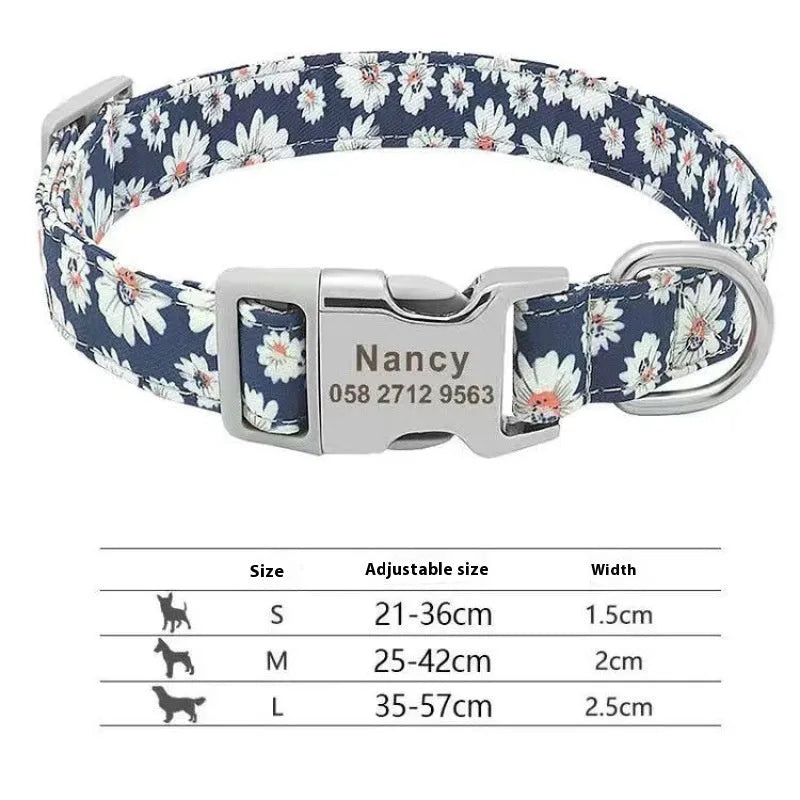 Striped canvas dog collar with adjustable semi-metal buckle in bohemian blue colour
