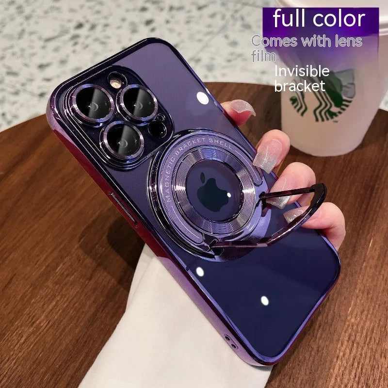 Transparent magnetic iPhone case with retractable stand pulled out, shown in far peak blue colour