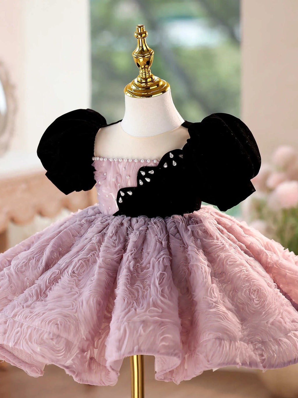 Girls' formal dress in pink purple, slim fit, short sleeves, round neck, for piano performance, height size options 90cm to 160cm