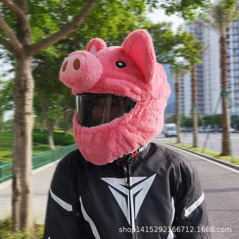 Pink cartoon plush motorcycle helmet protective hood made of PV velvet cloth.