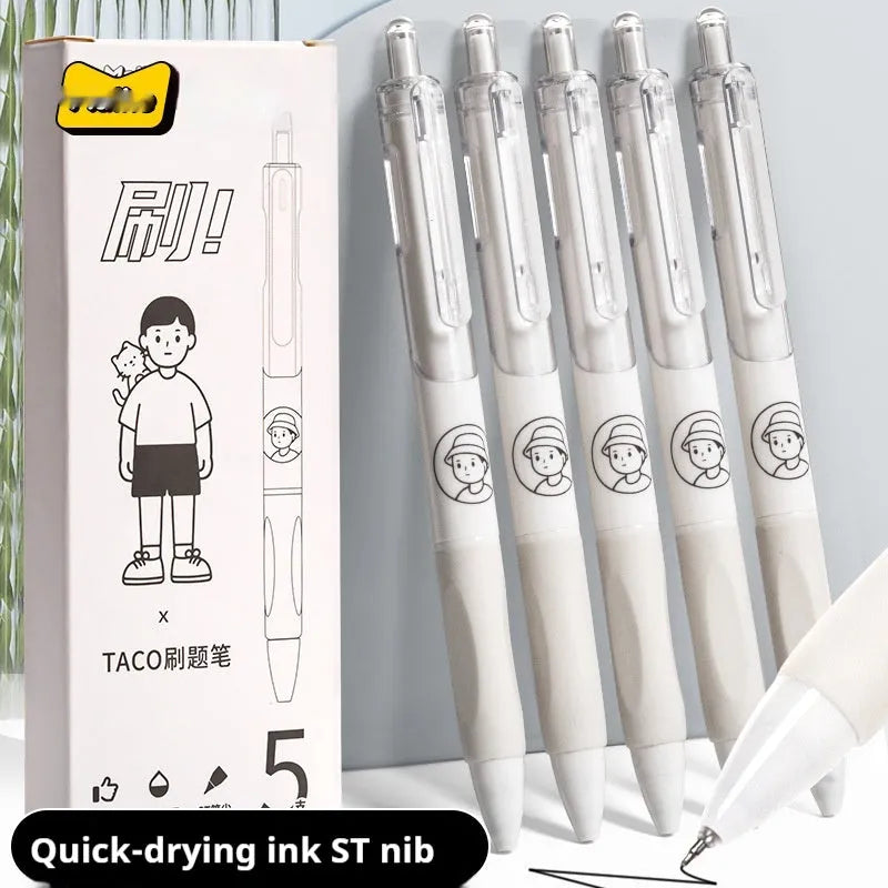 Five black Taco ballpoint pens with 0.5mm tips arranged together