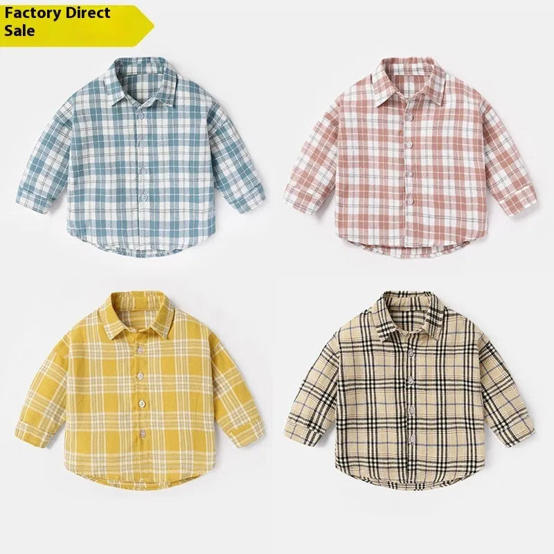 Boys cotton lattice casual shirt with animal pattern in khaki, light blue, pink, or yellow.