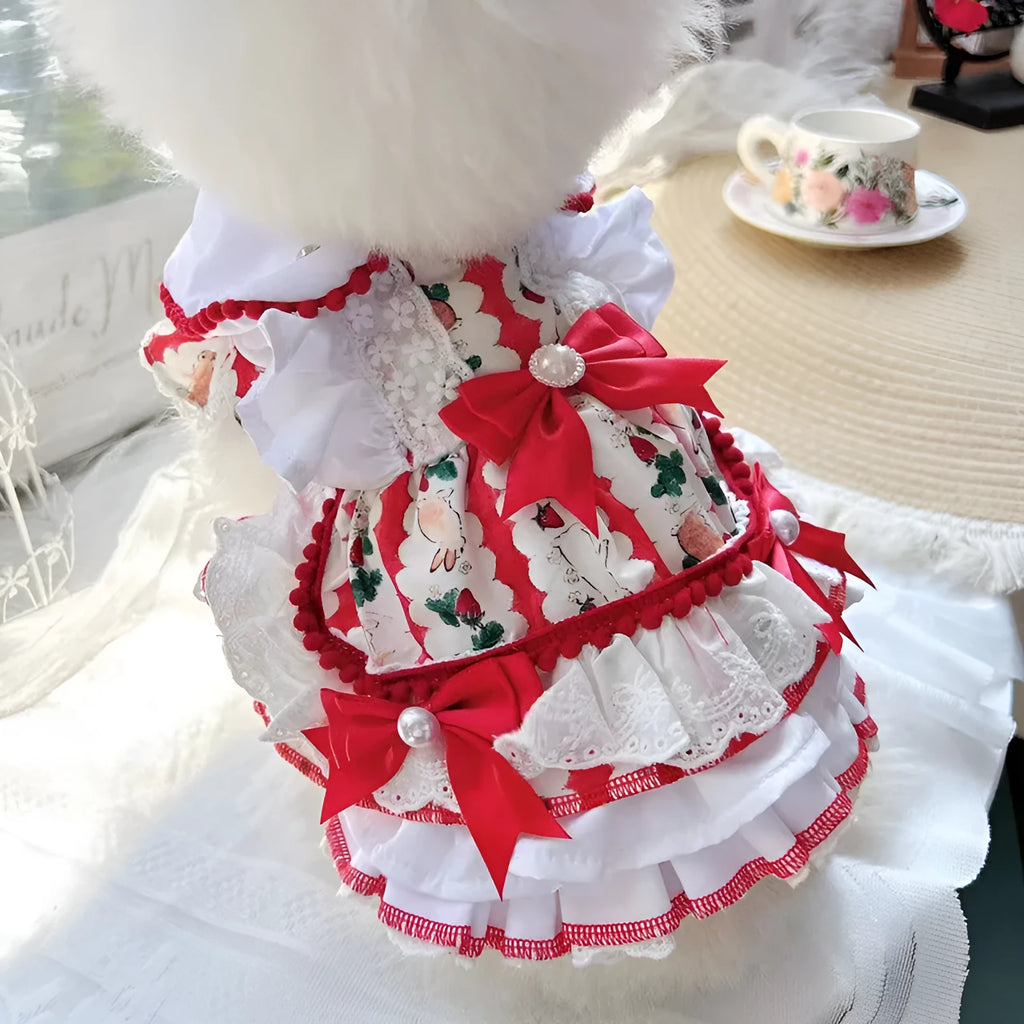 Small white dog wearing a princess-style rabbit skirt costume made of polyester fabric.
