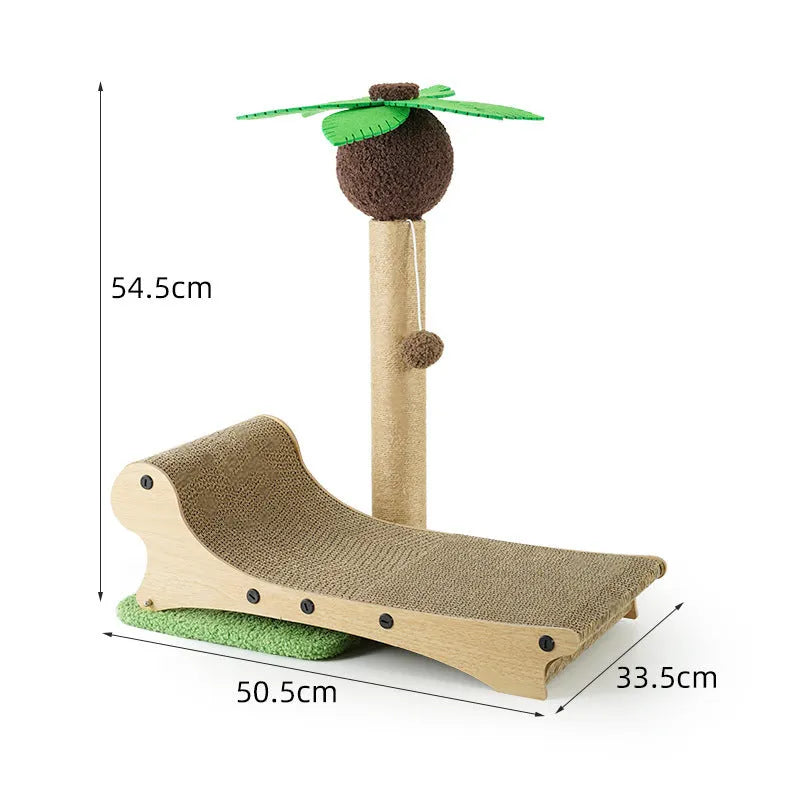 Wooden beach chair shaped cat climbing frame with integrated scratch mat and raised cat nest.