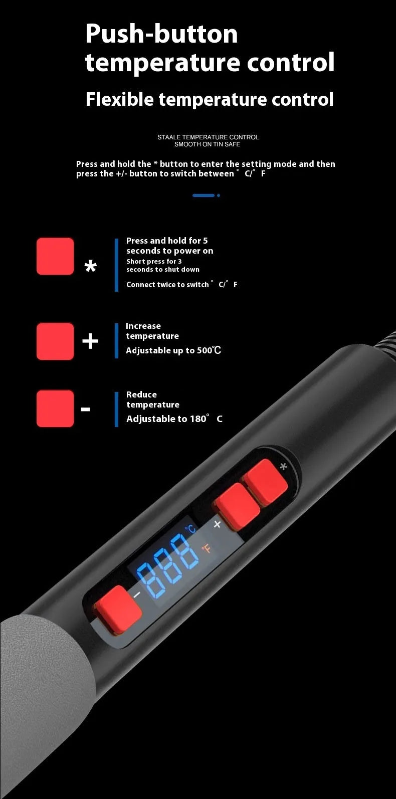Grey 90W electric soldering iron with ceramic heating core, adjustable temperature, and set of five tips.