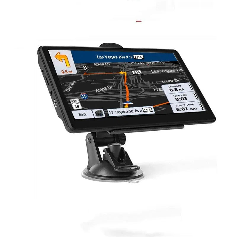 7-inch portable car GPS navigation device with touch screen on a dashboard mount