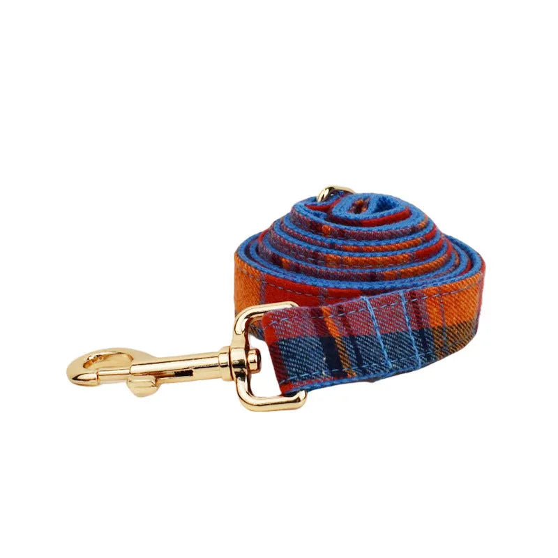 Blue velvet plaid cloth dog collar and leash set with optional bow accessory in XS to XL sizes