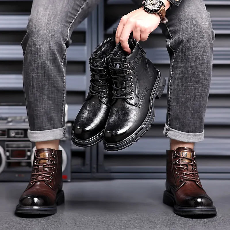 Men's black patent leather work ankle boots with square heel and high cylinder sock design