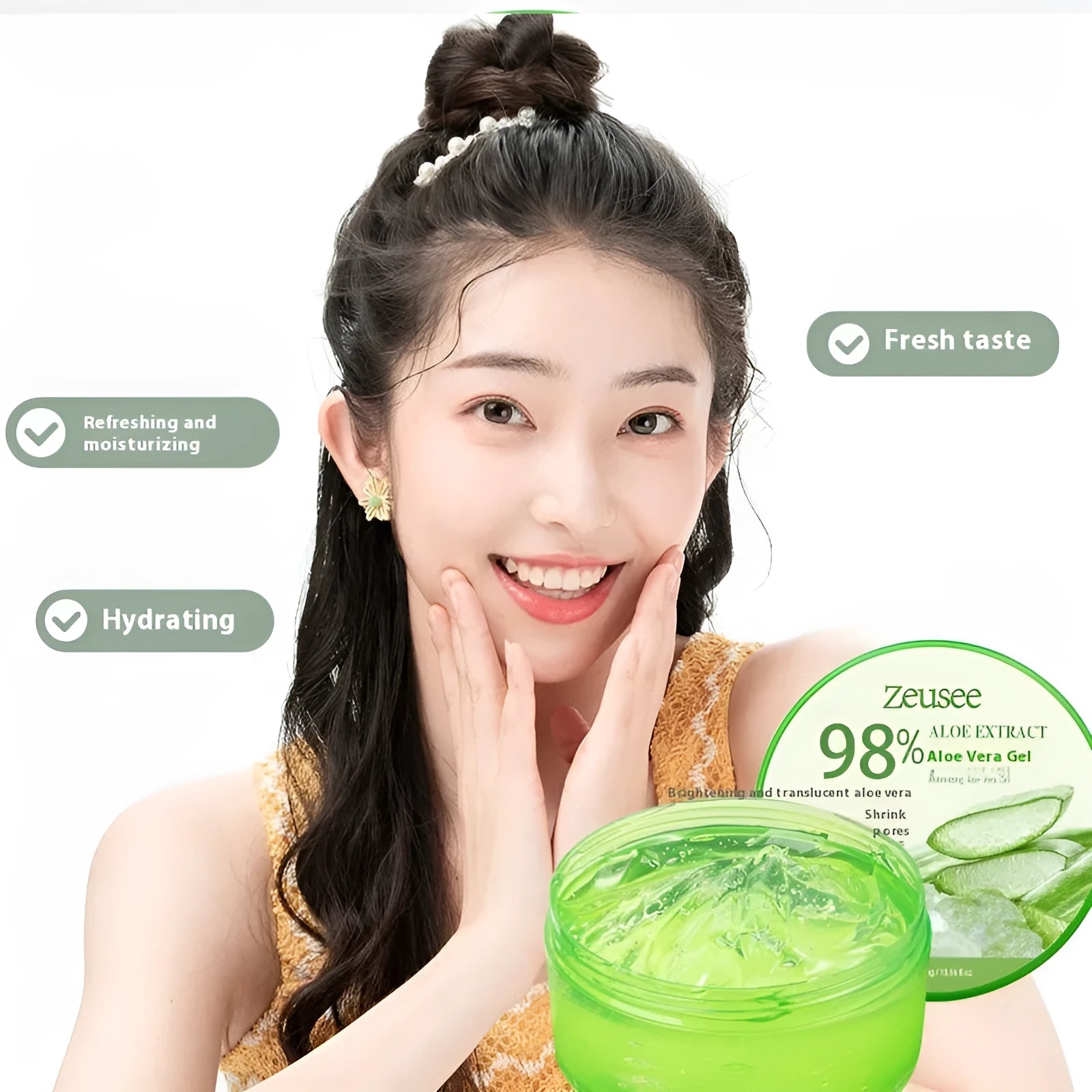 300g tub of aloe vera gel for acne control and hydration with a small white scoop on top.
