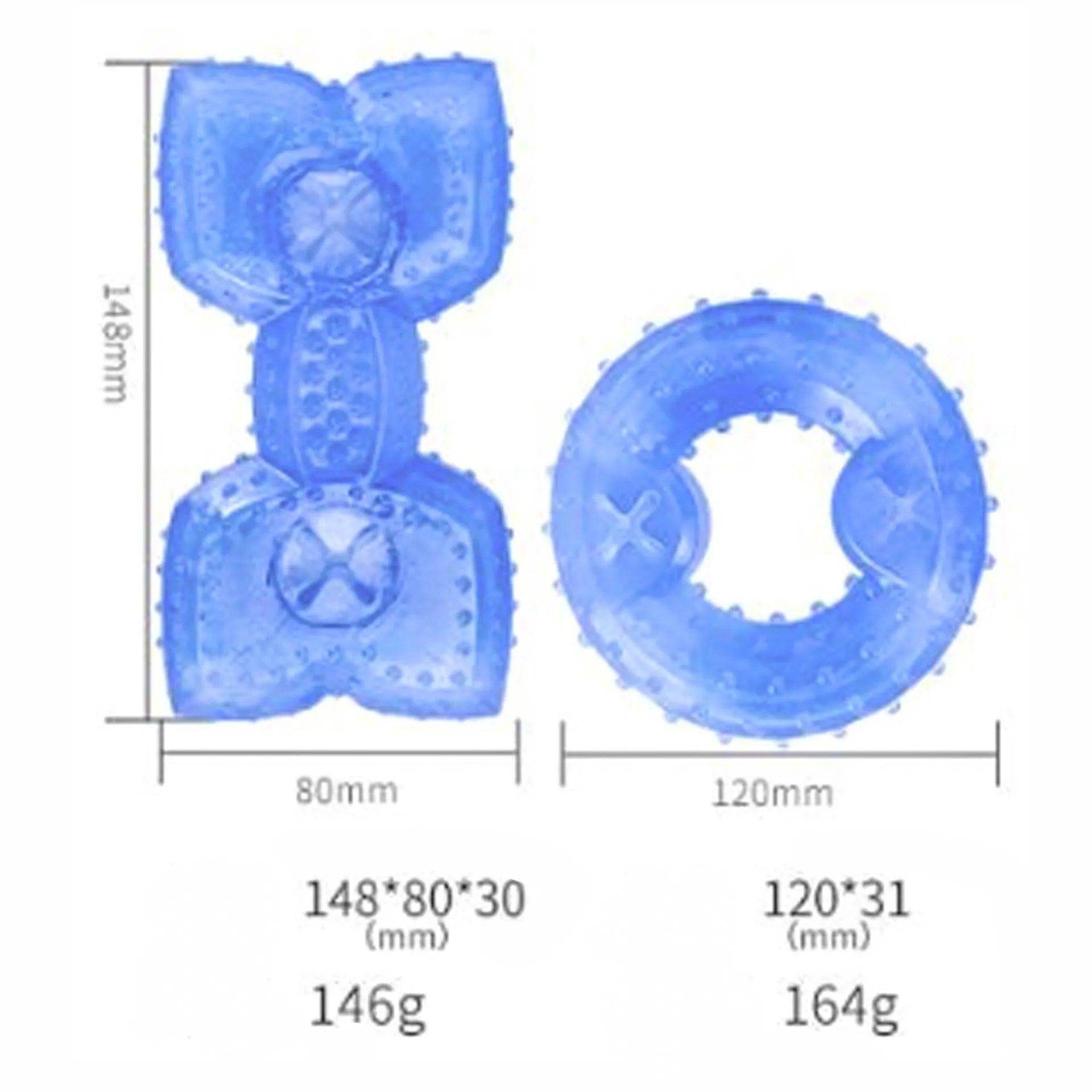 Freezable plastic bone and circle shaped dog chew toys for teething puppies.