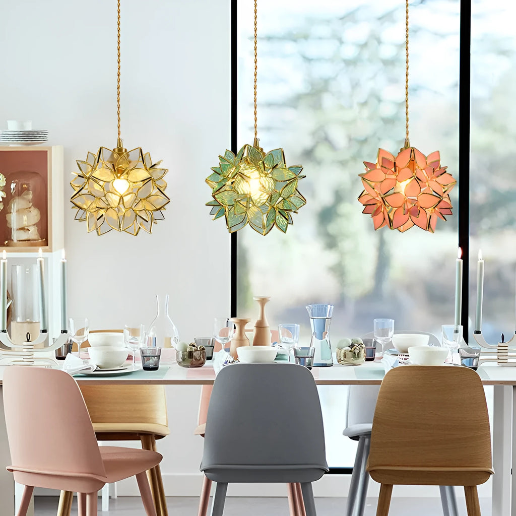 Hanging line lamp chandelier with copper construction and glass elements in bedroom setting