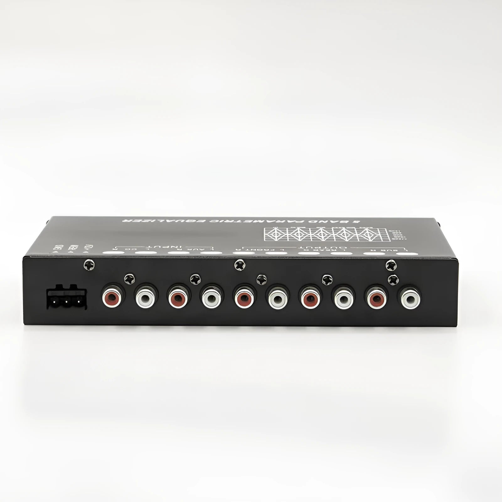 EQ5 Black car audio equaliser unit with front panel controls for six-channel output and seven-band frequency adjustment