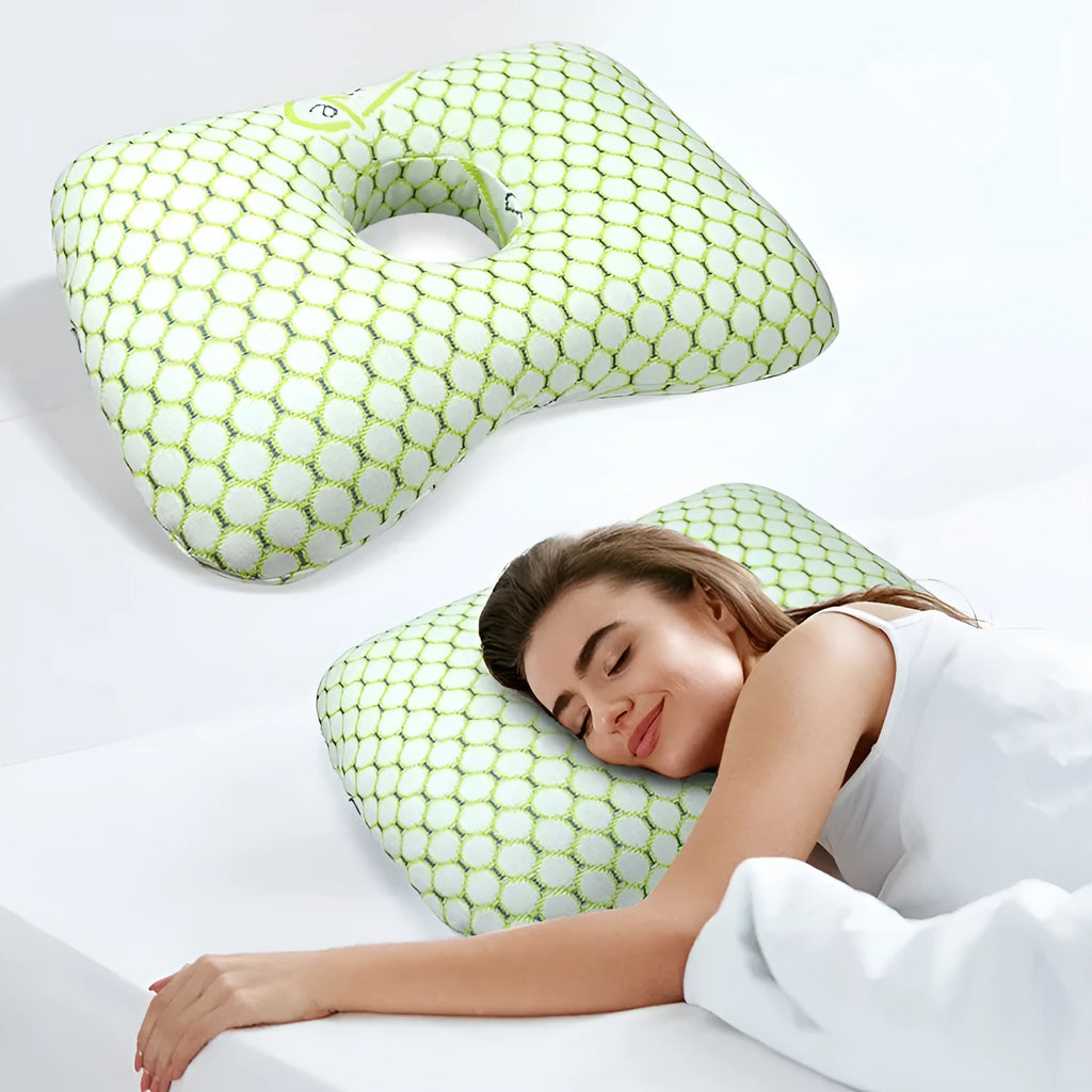 Single hole ear pillow for beauty salon bed in grey colour, showing dimensions and detachable cover.