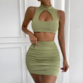 Women's two-piece set with cutout vest and split skirt in light purple elastic polyester fabric