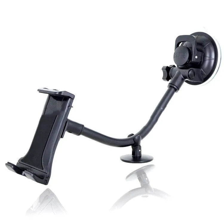 Black universal car tablet holder with long arm and suction cup mount for 4-12 inch devices.