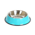 Stainless steel and colourful melamine pet bowl with non-slip rubber ring base in pink, green, red, blue, orange, yellow.