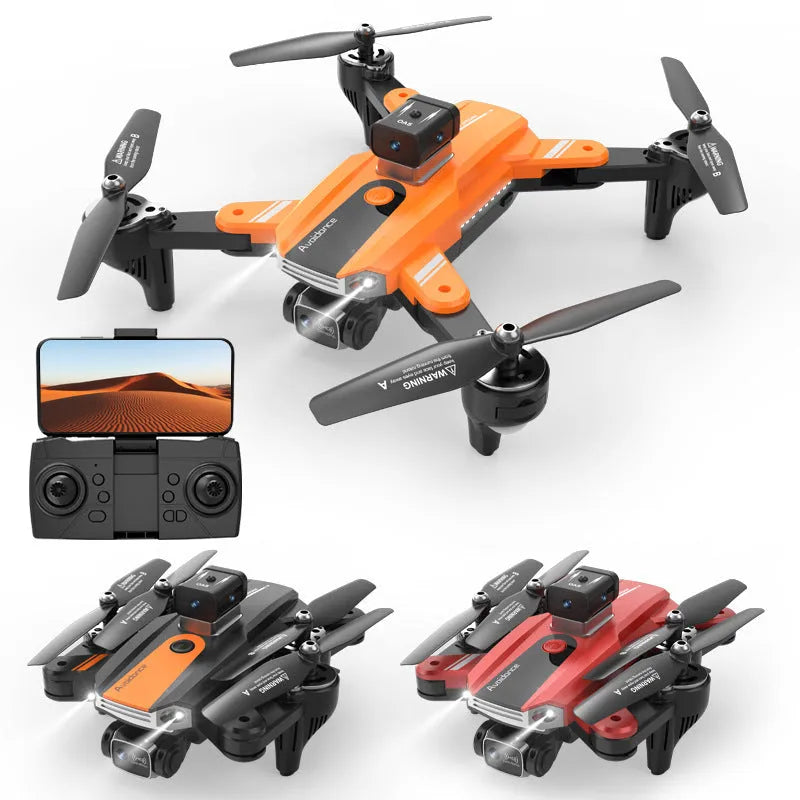 Orange four-axis plastic drone with propellers, featuring a dual camera and obstacle avoidance sensors.