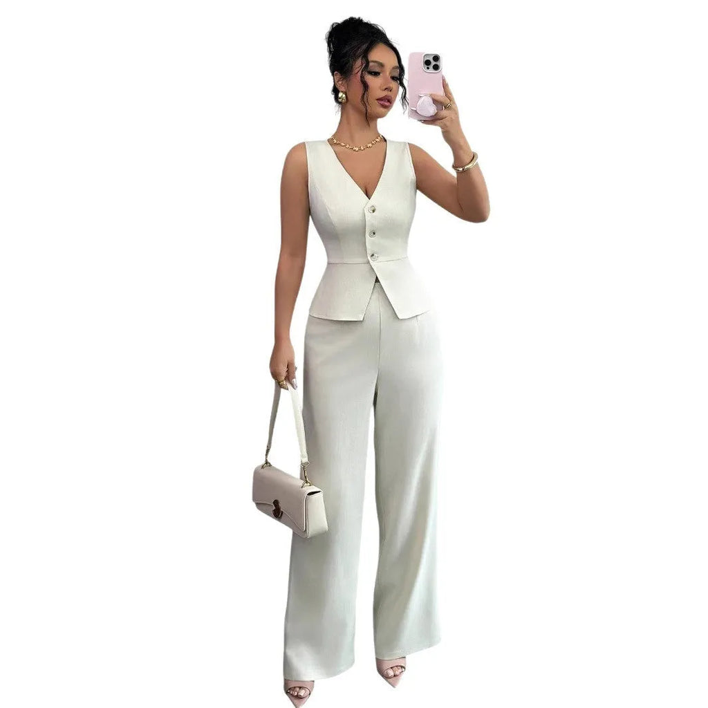 Women's sleeveless vest and high waist trousers two-piece set in solid colour
