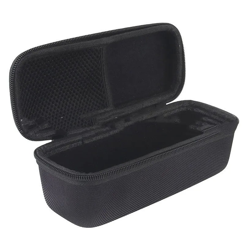 Black EVA Bluetooth speaker storage case with climbing carabiner, grey inner lining, size 280x100x90mm