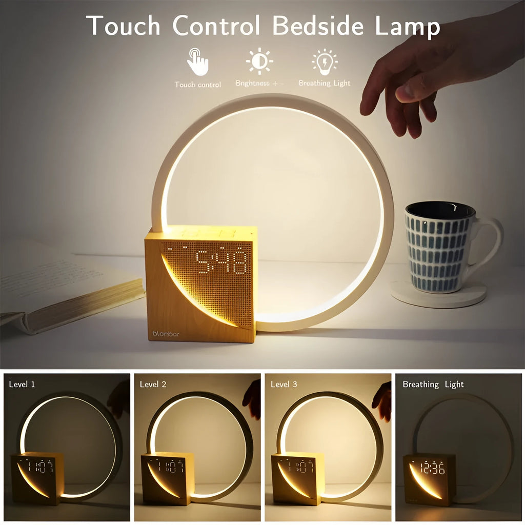 Touch-control bedside lamp with digital alarm clock display and wooden finish