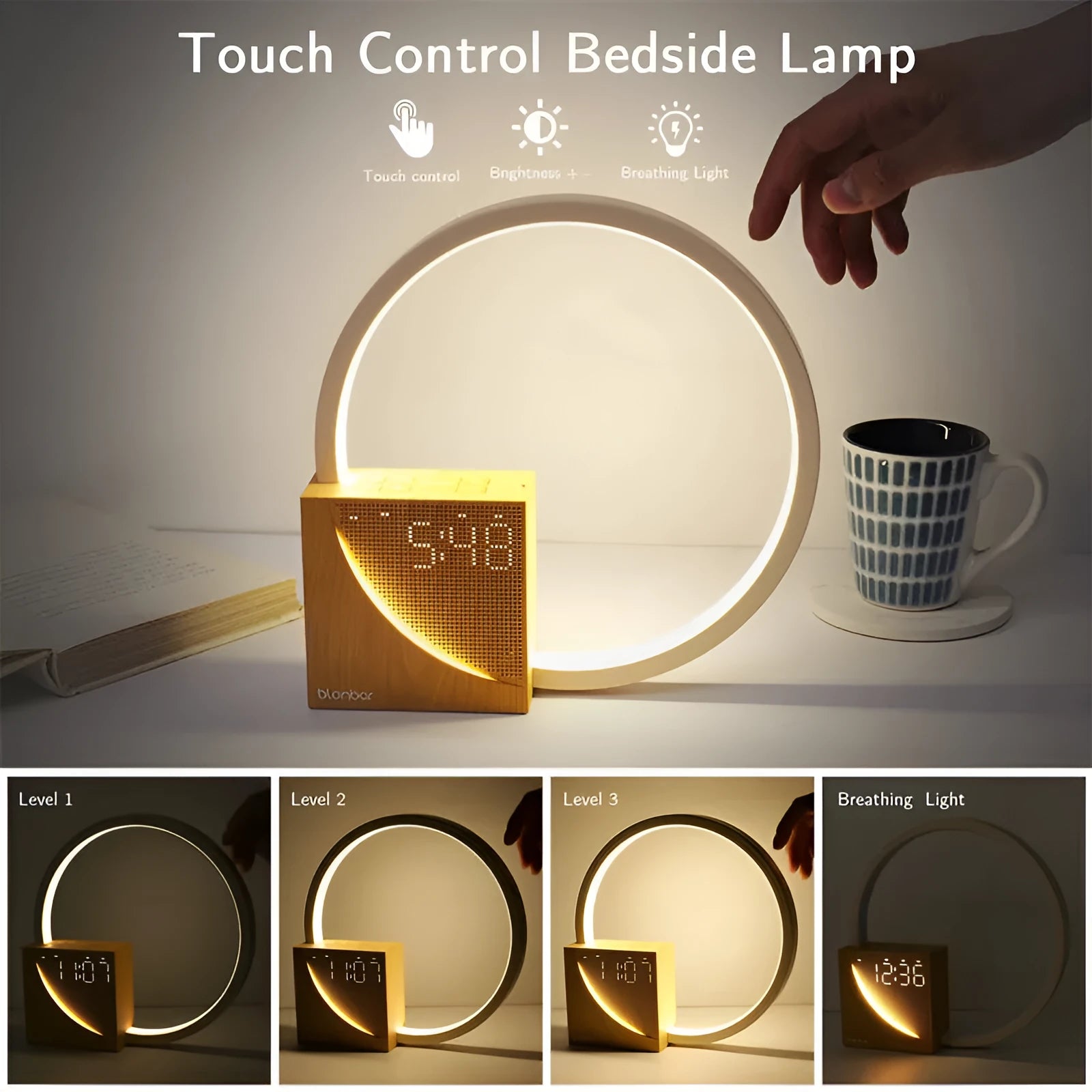 Touch-control bedside lamp with digital alarm clock display and wooden finish