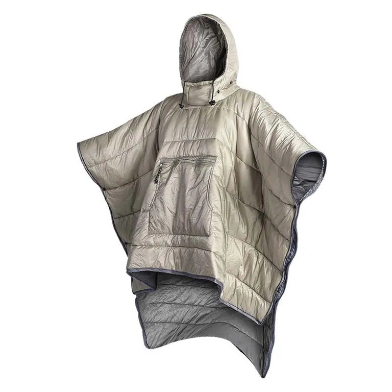Adult wearable camping cloak sleeping bag showing grey and army green colour options