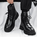Men's black mid-top British Tide style leather boots with a rubber sole on a white background.