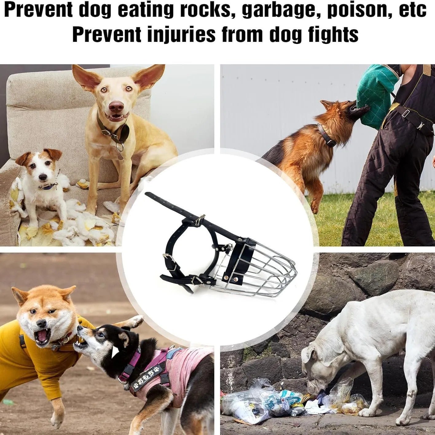Black metal basket muzzle for large breed dogs, specifically for Golden Retrievers and German Shepherds.