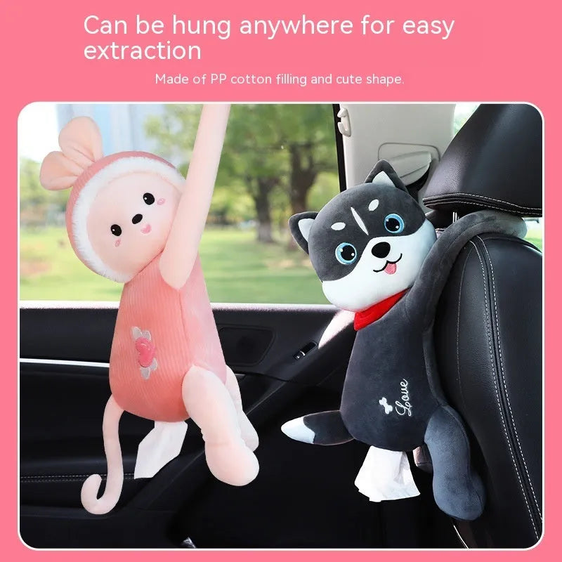 Plush car seat back tissue holder in cute animal design mounted on vehicle headrest