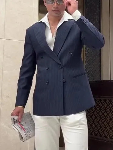Men's striped double breasted blazer jacket with regular fit and polyester fabric