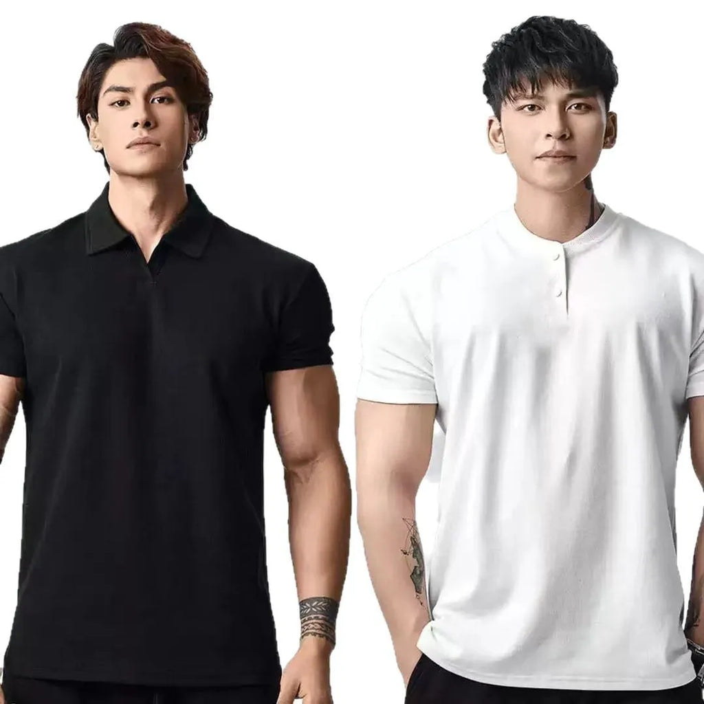 Retro men's loose fit t-shirt showing Henry collar and polo collar options in solid colours