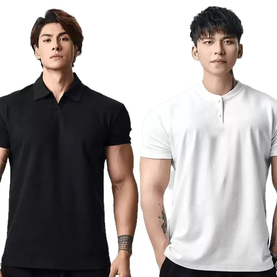 Retro men's loose fit t-shirt showing Henry collar and polo collar options in solid colours
