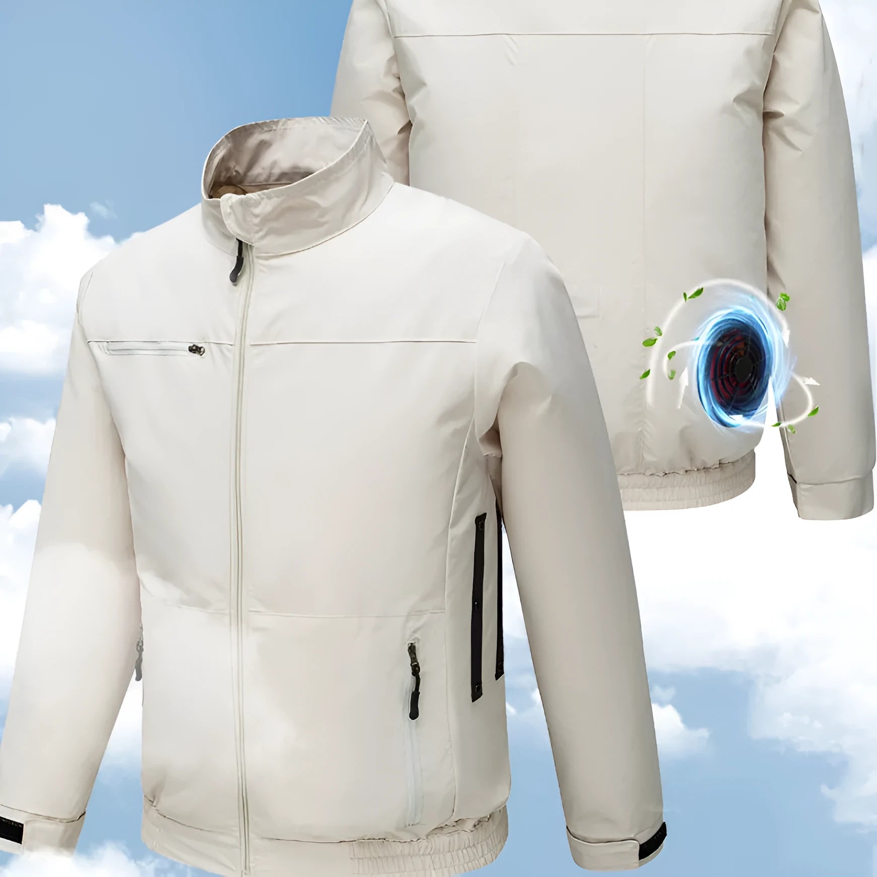 Men's black smart air conditioning cooling jacket with fan vents for outdoor summer work.