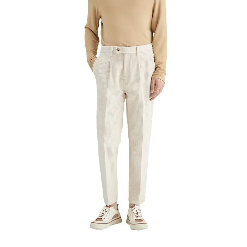 Men's straight-leg corduroy trousers in beige colour showing micro-elastic fabric and mid-waist design