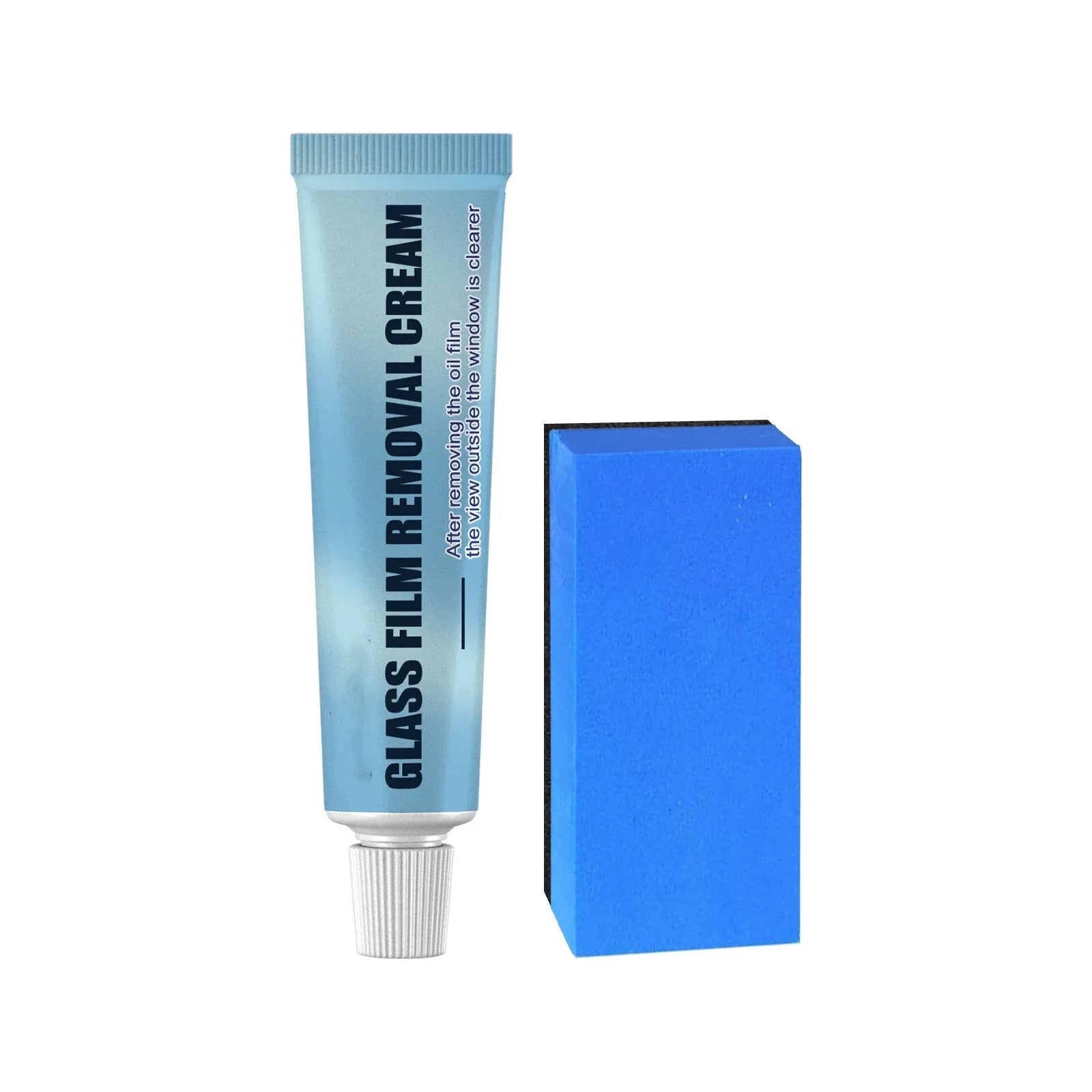 Blue car glass oil film remover stick and soft sponge brush for windshield cleaning.