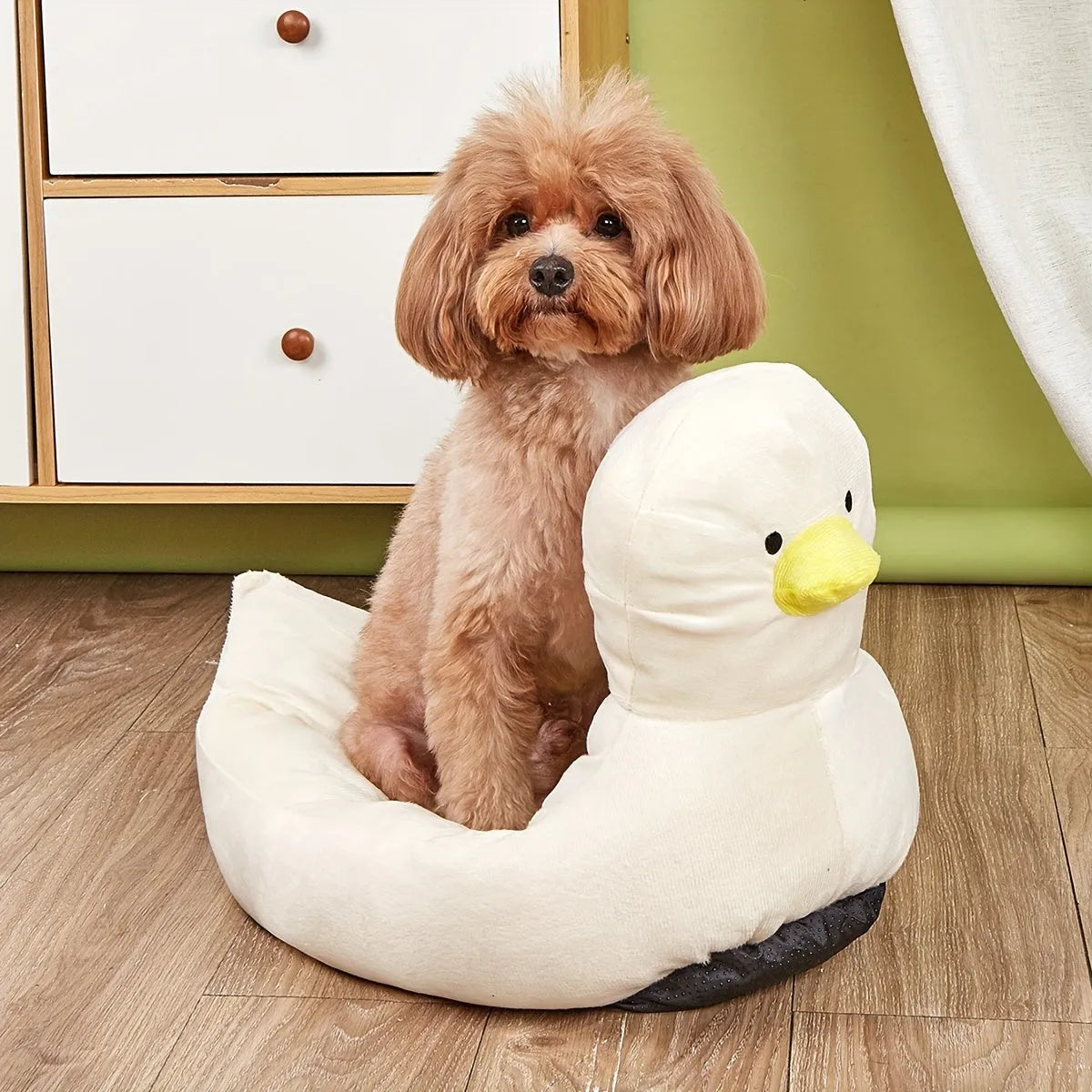 Blue duck-shaped pet bed sofa with soft polyester filling and raised edges