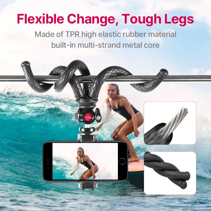 Black FT01 octopus tripod with flexible legs and a silver mobile phone clip attached, extended to 360mm.