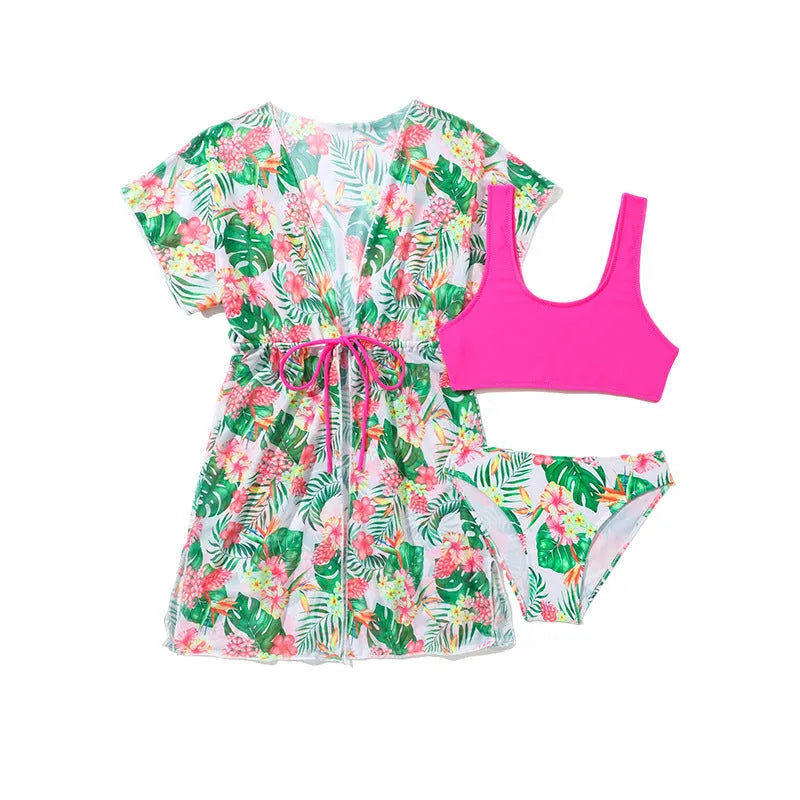 Girls' floral pattern two-piece swimsuit with overclothes in Korean style