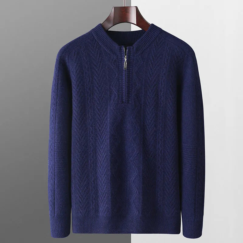 Men's pure wool half zip sweater with diamond lattice pattern in camel colour
