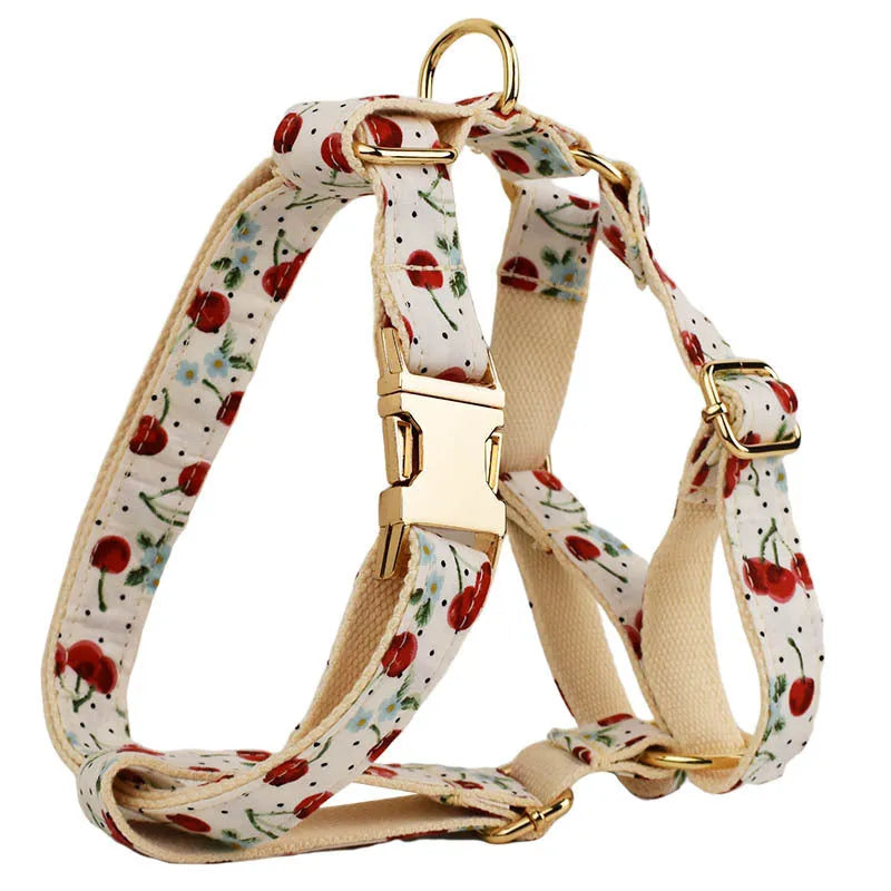Red cherry print pet collar set with matching leash, vest, and gold buckle on dog model