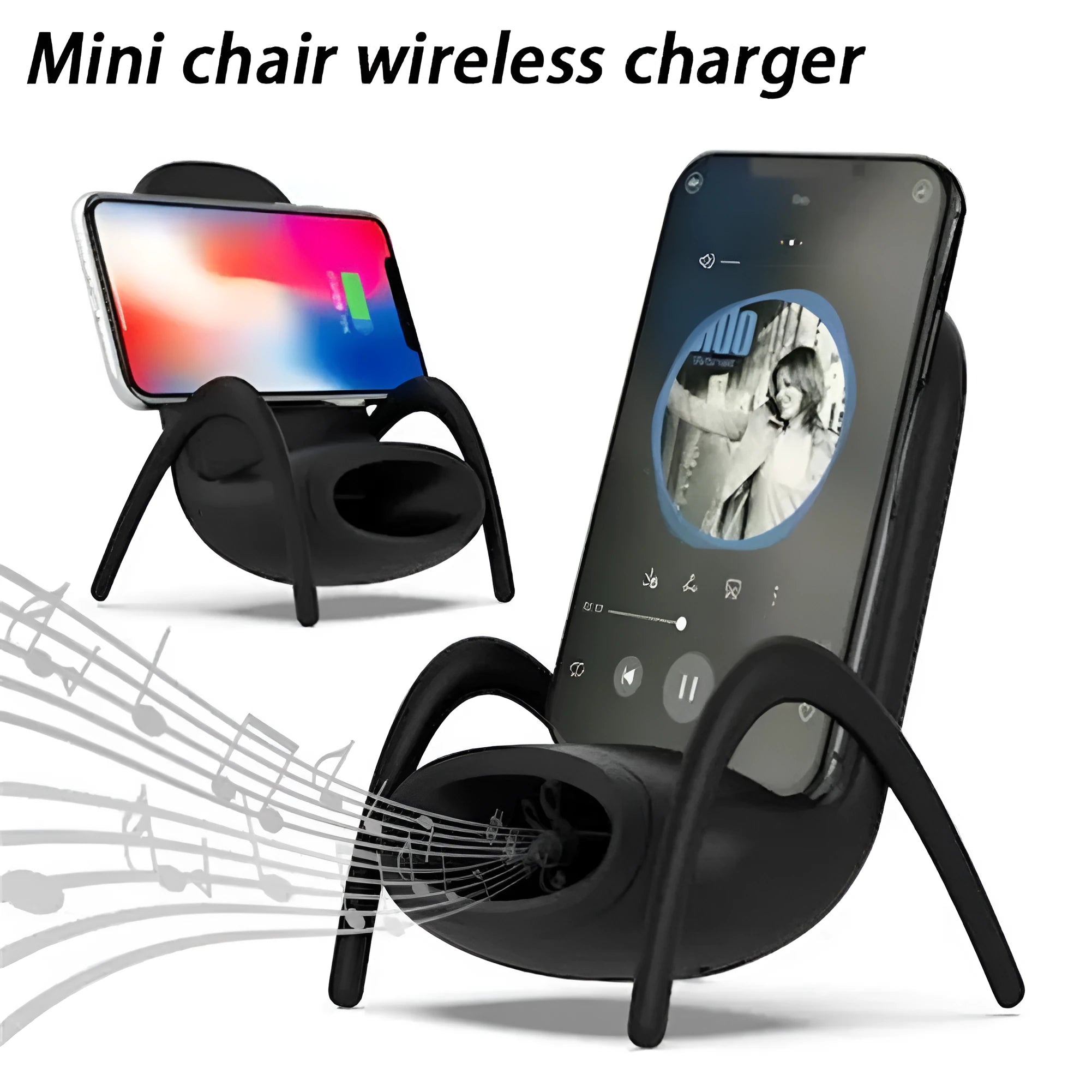 White wireless charging phone stand on a desk, charging a mobile phone at a viewing angle.
